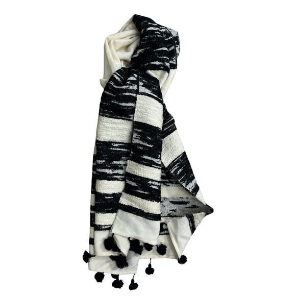 J. Crew Scarf Black Cream Tassels Wrap White Rectangle - Picture 1 of 7